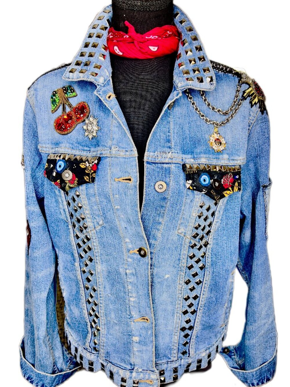 Women Custom Uniqlo Studded Denim Jacket Sugar Skull rockabilly wearable art